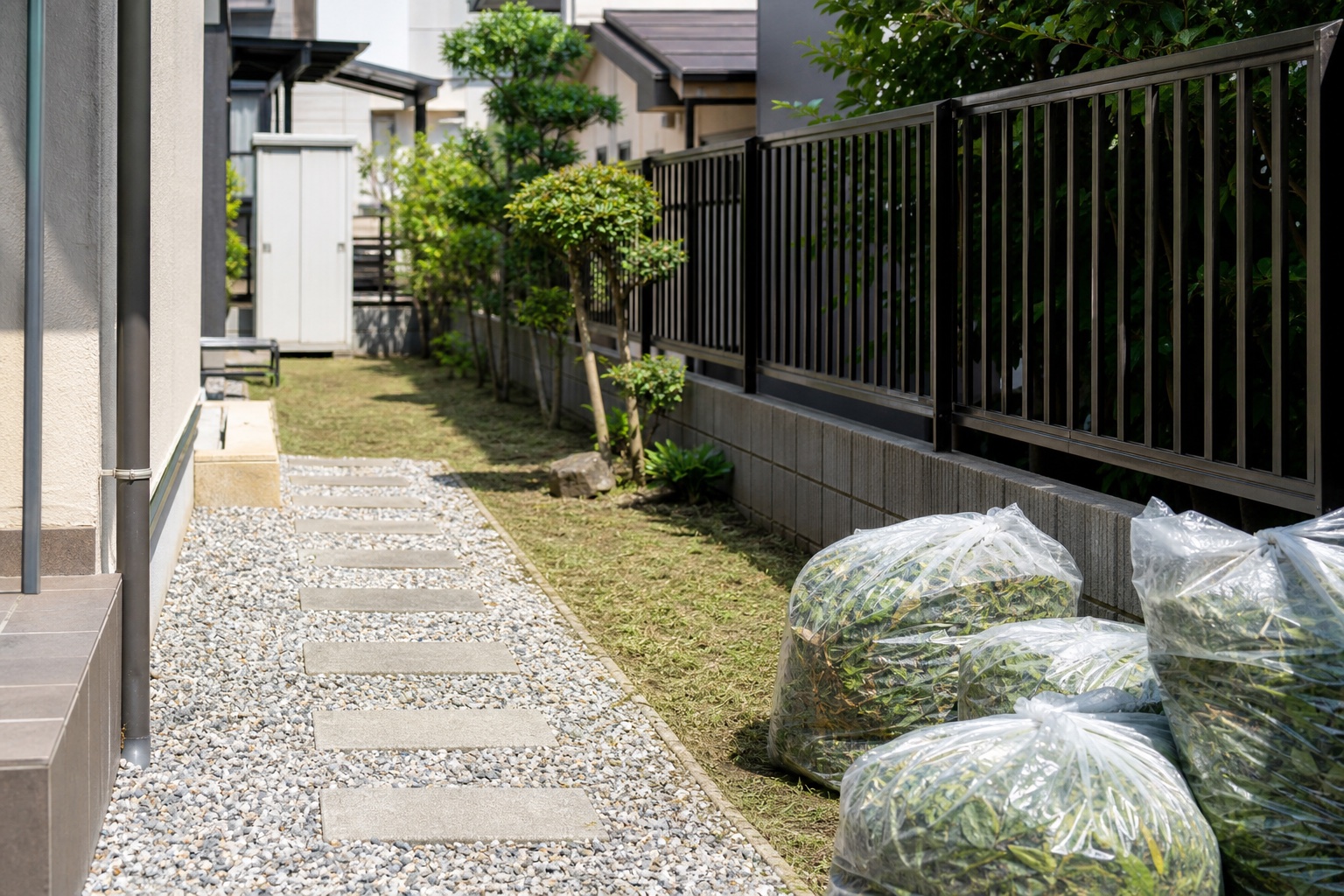 草刈りと除草後の住宅通路写真